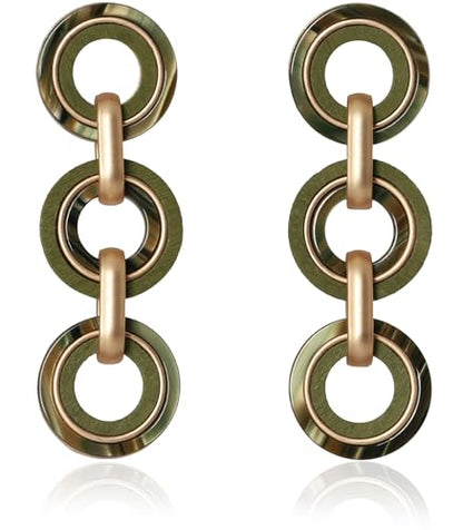 Ozel - Natural Wooden Acrylic Boho Drop Dangle Earrings for Women - Geometric Statement Jewellery - Brown, Black, Magent Red, Olive Green, White beige - color: 3Circle_Olive