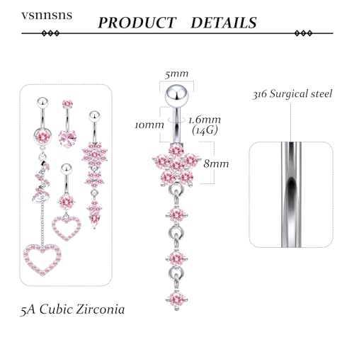 14G Dangle Belly Button Ring Piercing Jewelry 316L Stainless Surgical Steel Heart Flower CZ Reverse Navel Rings Dangling Belly Button Ring Piercing Jewelry for Women 14 Gauge Hypoallergenic - style: 5Pcs Pink