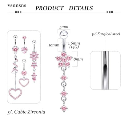 14G Dangle Belly Button Ring Piercing Jewelry 316L Stainless Surgical Steel Heart Flower CZ Reverse Navel Rings Dangling Belly Button Ring Piercing Jewelry for Women 14 Gauge Hypoallergenic - style: 5Pcs Pink