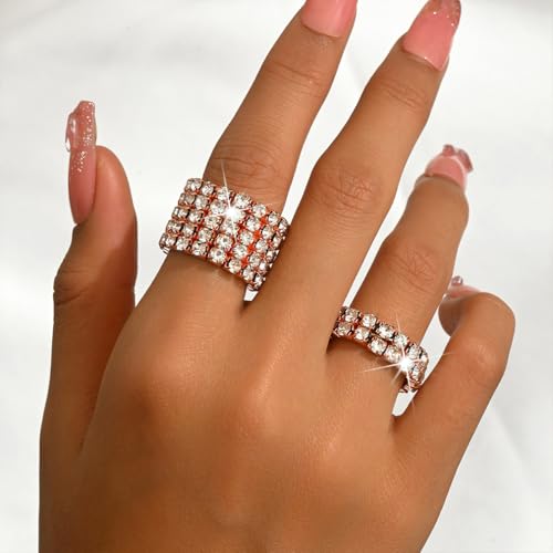 Fashion Silver Bling Rhinestone Crystal Stretch Rings Set for Women | Sparkly Rhinestone Elastic Finger Nail Ring Glitter Stretchy Stack Statement Knuckle Rings Cocktail Jewelry Accessories Pack - color: Rose Gold