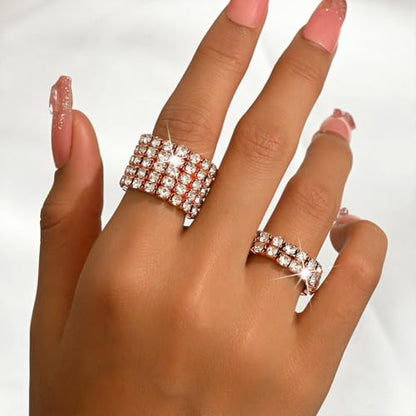 Fashion Silver Bling Rhinestone Crystal Stretch Rings Set for Women | Sparkly Rhinestone Elastic Finger Nail Ring Glitter Stretchy Stack Statement Knuckle Rings Cocktail Jewelry Accessories Pack - color: Rose Gold