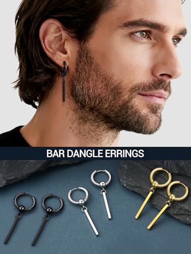 PROSTEEL Stainless Steel Huggie Hoop Earrings for Mens Gold/Black/Silver | Skull/Infinity Pattern, Spike/Cuban Links 4 Design Options Hypoallergenic Lightweight Earring Hip Hop Punk Gothic Jewelry - style: 08-Straight Dangle-Black