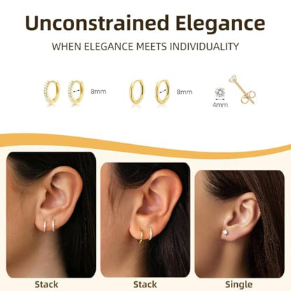 Small Gold Hoop Earrings Set for Women: Diamond-Shine Cubic Zirconia Stud Earrings - 14K Gold Plated Hypoallergenic Non-Tarnish, Stack Mini Cute Trendy Statement Earrings Gift (3 Pairs) - color: 3 Pairs/Gold/Small