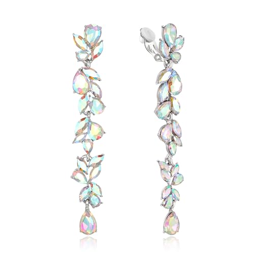 Crysdue Clip On Earrings for Women Rhinestone Crystal Teardrop Cluster Wedding Bridal Non Pierced Long Dangle Earring for Prom Party - color: Iridescent AB Silver-Tone