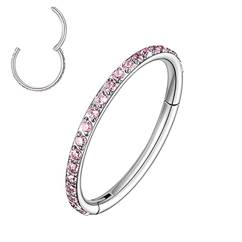 MissNity 20G, 18G, 16G, 14G Hinged Nose Rings Hoop with Gem in 316L Surgical Steel, Septum Clicker Cartilage Earrings Conch Daith Helix Rook Ear Lobe Piercing Jewelry, Diameter 6mm to 12mm - color: 08: Steel - Light pink CZ