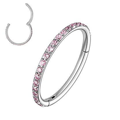 MissNity 20G, 18G, 16G, 14G Hinged Nose Rings Hoop with Gem in 316L Surgical Steel, Septum Clicker Cartilage Earrings Conch Daith Helix Rook Ear Lobe Piercing Jewelry, Diameter 6mm to 12mm - color: 08: Steel - Light pink CZ