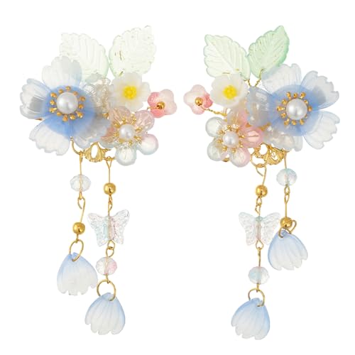 A Pair Wedding Hair Clips, Handmade Floral Design Crystal Hair Clips Pearl Barrettes, Rhinestones Flower Clips Pearl Headpieces Hair Pins Hair Accessories for Women Girls (Light Blue) - color: Light Blue