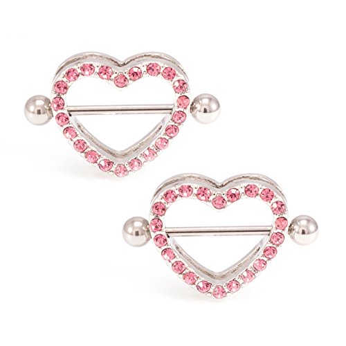 14G Stainless Steel CZ Paved Heart Nipple Rings Nipple Piercing Jewelry for Women 7/8 Inch 22mm - color: Silver - Pink CZ