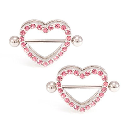 14G Stainless Steel CZ Paved Heart Nipple Rings Nipple Piercing Jewelry for Women 7/8 Inch 22mm - color: Silver - Pink CZ