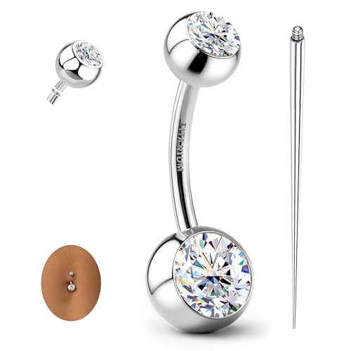 GEMQUEEN Moissanite ＆ G23 TItanium Belly Button Ring 18K Gold Plated Hypoallergenic Internally Threaded Belly Rings 14G Ball Navel Piercing Jewelry for Women Men D Color VVS1 Clarity Brilliant Cut - color: Titanium-D Color Moissanite Stone, size: 14mm Len