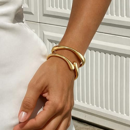 Chunky Gold Bangle Bracelets for Women Trendy 14K Gold Plated Cuff Bracelets Stack, Dainty Gold Bracelet Sets Non Tarnish Fashion Jewelry Gift - style: 2pcs-Gold-WaveTwinDrop