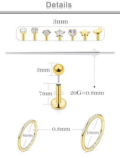 20G 18G 16G Threadless Lip Labret Medusa Monroe Nose Piercing Jewelry Surgical Steel Snake Bites Lip Rings Flat Back Push in Cartilage Tragus Helix Conch Earring Stud 6mm 8mm 10mm Bars - color: Gold-20G（0.8mm) - Bars:7mm - Hinged Clicker Rings:8mm 10mm