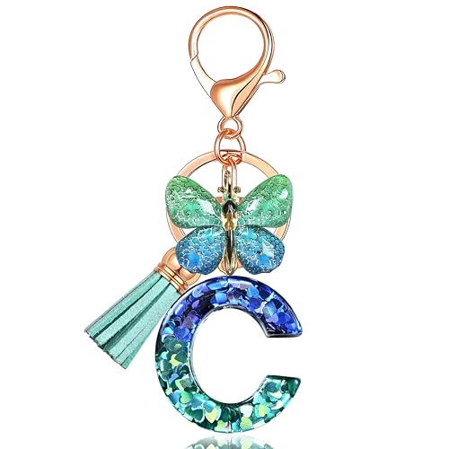 JINGUAZI Butterfly Initial Letter Keychain Bag Charms for Women | Cute pendant accessories for purses, handbags, backpacks, car keys, small gift for her young women, mothers, teachers - color: C-blue Green