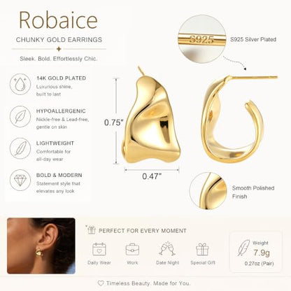 Robaice Chunky Huggie Earring for Women，14K Gold Plated Hoop Earrings | Gold Huggie 925 Sterling Silver Post Earrings, Statement Trendy Hoop Earring，Fashion Lightweight Jewelry Gifts for Women - color: Gold-A