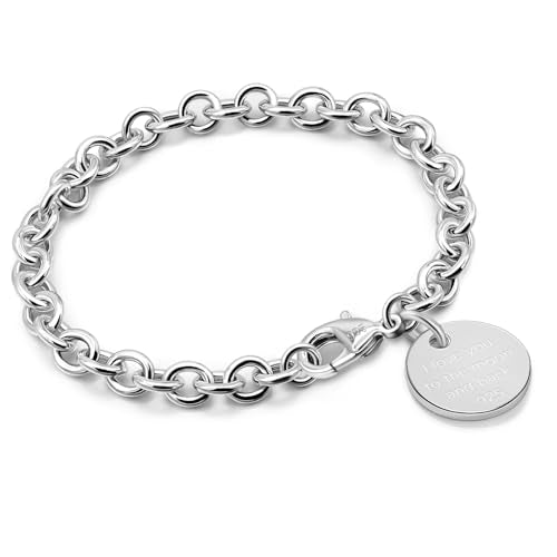 Dankadi Women 925 Sterling Silver Round Cable Wire Link Bracelet Charm Heart-Bell-Square-Circle Pendant Chain Bangle Fine Jewelry Gift For Wife Her - color: 6MM Silver Round Pendant, size: 5.9 in
