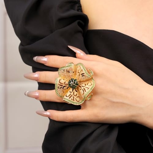 Elegant Big Crystal Flower Ring for Women Gold Rhinestone Floral Rings Open Finger Adjustable Crystal Flower Statement Ring Jewelry for Bridal Wedding - color: Flower 1 - green