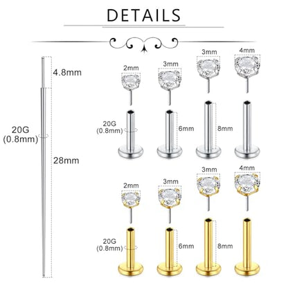 Incaton 18G Threadless Flat Back Stud Earrings For Women Men, 316L Surgical Steel Hypoallergenic Push in Nose Studs CZ Nose Nostril Tragus Helix Labret Studs Lip Rings Piercing Jewelry - color: GOLD + Silver