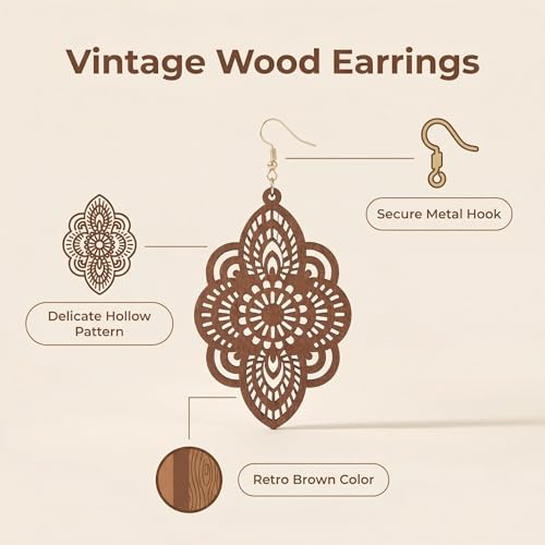 Boho Black Filigree Dangle Earrings for Women, Lightweight Hollow Lace Drop, Wood, 3.34" x 1.69", Bohemian Jewelry - color: Light Brown
