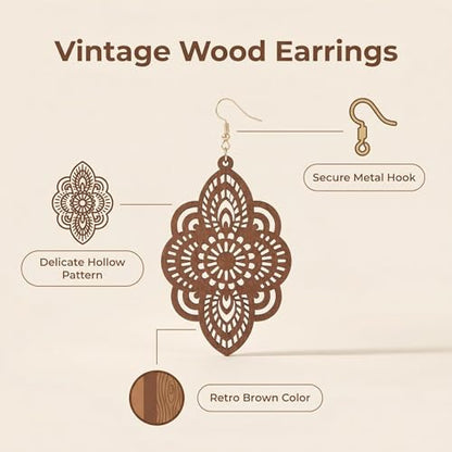 Boho Black Filigree Dangle Earrings for Women, Lightweight Hollow Lace Drop, Wood, 3.34" x 1.69", Bohemian Jewelry - color: Light Brown