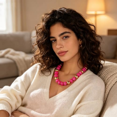 Resin Chunky Colorful Beaded Necklace | Adjustable Boho Statement Necklace,Summer Beach Party Jewelry - color: Hot Pink