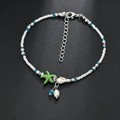 Beaded Ankle Bracelets for Women Boho Starfish Shell Pearl Beaded Ankle Bracelets Stacked Strench Silver Ankle Bracelet Non Tarnish Adjustable Hawaiian Summer Beach Surfer Foot Jewelry - color: Green