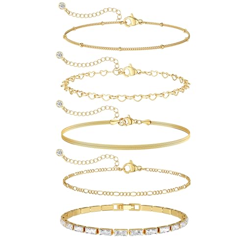 Dainty 14K Gold Plated Bracelets for Women Waterproof, Non Tarnish Gold Jewelry Sets, Thin Stackable Link Paperclip Chain Bracelet Pack Fashion Accessories Gifts for Womens - style: 5Pcs BRACELET SET-08