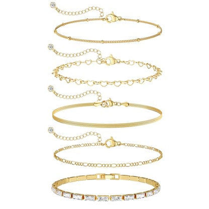 Dainty 14K Gold Plated Bracelets for Women Waterproof, Non Tarnish Gold Jewelry Sets, Thin Stackable Link Paperclip Chain Bracelet Pack Fashion Accessories Gifts for Womens - style: 5Pcs BRACELET SET-08
