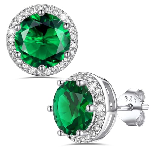 Bestyle Authentic 925 Sterling Silver 2 Carat Birthstone Earrings for Women, More Sparkle Heart/Round Solitaire Diamond Studs Earrings, Great Birthday/Christmas/Anniversary Jewelry for Wife Mother - color: 05. May Emerald-Round