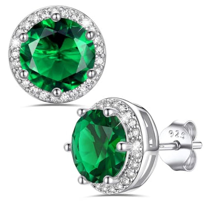 Bestyle Authentic 925 Sterling Silver 2 Carat Birthstone Earrings for Women, More Sparkle Heart/Round Solitaire Diamond Studs Earrings, Great Birthday/Christmas/Anniversary Jewelry for Wife Mother - color: 05. May Emerald-Round