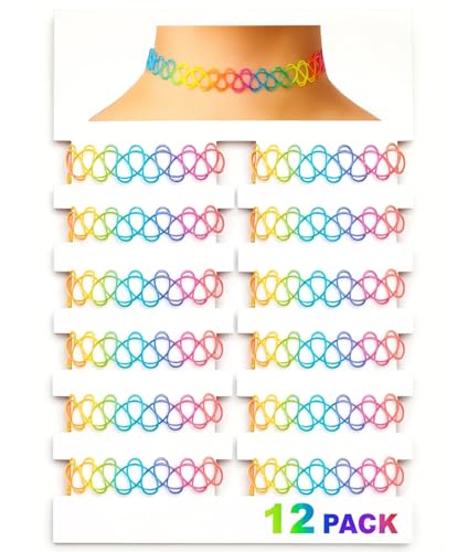 BodyJ4You 12PC Tattoo Choker Necklace - 90s Accessories 2000s Jewelry Y2K Fashion Vintage Trendy - Rainbow Goth Black Pink Green Blue White - Adjustable Stretchy Elastic Necklace Summer Vacation Set - color: Rainbow