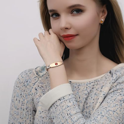 LinnaLove Fashion Shiny medical alert bracelet with Free Engraving Stainless steel Medical id bracelet for Women - color: ROSE GOLD