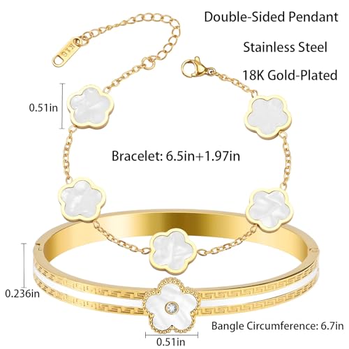 2pcs Stackable Bangle Bracelets 18K Gold Plated Lucky Clover Bracelet Stainless Steel Clover Jewelry Set Fashion Birthday Gifts for Women - color: Gold White Stackable Bracelets