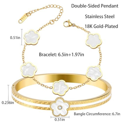 2pcs Stackable Bangle Bracelets 18K Gold Plated Lucky Clover Bracelet Stainless Steel Clover Jewelry Set Fashion Birthday Gifts for Women - color: Gold White Stackable Bracelets