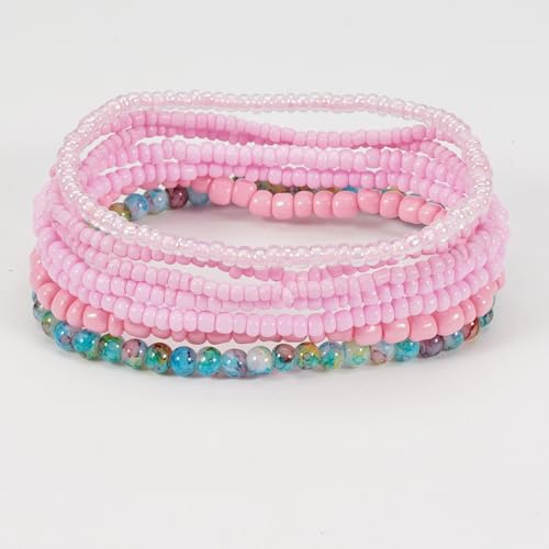 Bohemian Colorful Crystal Glass Beads Seed Beaded Bracelet Handmade Adjustable Stackable Elastic Strand Bangle for Women Summer Beach Hawaii Boho Wristbands Jewelry - color: pink