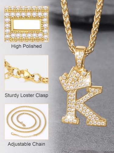 U7 Crown Initial Necklace Men Women, Bling Diamond A-Z 0-9 Letter Pendant with Wheat Chain, Silver/Black/Gold Plated CZ Alphabet Number Hip Hop Jersery for Father Husband - color: a. Gold, size: 19. S