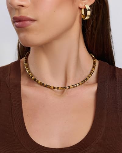 Natural Heishi Gemstone Choker Necklace for Women, Adjustable 15"+2" Beaded Layering Necklace, Coastal Beach Jewelry Gift for Her - color: Tiger Eye
