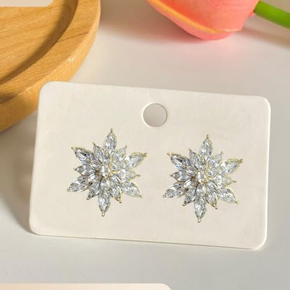 Crystal Flower Burst Stud Earrings Large Big Sparkly CZ Cubic Rhinestone Floral Cluster Flower Stud Earrings Bridal Wedding Party - color: Clear