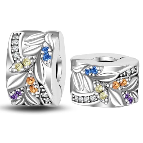925 Sterling Silver Stopper Clip Charms for Bracelet Necklace Spacer Beads with 5A Cubic Zirconia Mother's Day Christmas DIY Gift for Women(2PCS) - style: Colorful Stone Leaves