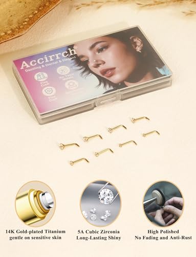 8Pcs Nose Rings Studs Set for Women Men: Hypoallergenic G23 Titanium/316L Surgical Stainless Steel Nose Studs, Nickel-free Lead-free L Shaped Corkscrew Nose Piercing Jewelry CZ 1.5mm 2mm 2.5mm 3mm - style: Titanium 8Pcs 20G L Shaped Gold
