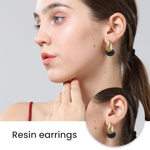 Chunky Resin Teardrop Earrings, 18K Gold Acrylic Resin Drop Hoops，Hypoallergenic Fashion Jewelry for Women,18K Gold Plated Resin Drop Earrings - color: Black