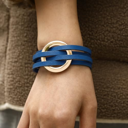 hotoo Circle Charm Bracelets for Women Handmade Leather Wrap Bracelets for Couples Friendship Bracelet Bohemian Cuff Bangle Boho Jewelry Gift - color: New Blue