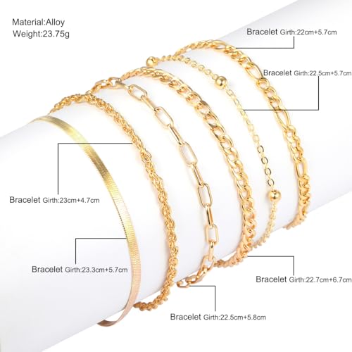 Adjustable Waterproof Layered Bracelets for Women Summer Beach Cuban Link Chain Anklets Set Herringbone Paperclip Beaded Snake Chain Stackable Anklet Stainless Steel Jewelry Bracelet - color: 6PCS-Gold