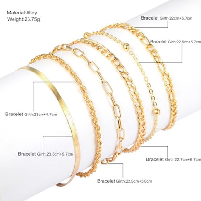 Adjustable Waterproof Layered Bracelets for Women Summer Beach Cuban Link Chain Anklets Set Herringbone Paperclip Beaded Snake Chain Stackable Anklet Stainless Steel Jewelry Bracelet - color: 6PCS-Gold