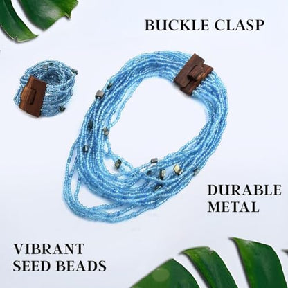 Shop LC Seed Bead Necklace Bracelet Set Boho Jewelry for Women | Multi Layered Boho, Wooden Clasp, 18 Inch Necklace, Stretchable Bracelet - color: Blue