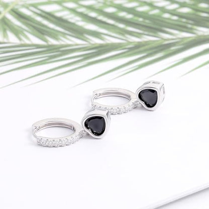 Heart Hoop Earrings with Dangle Sterling Silver Love Heart-Shaped Loop Earrings for Women Hypoallergenic Sparkle Birthstone Cubic Zirconia Hoop Earring with Dangling Charms Dainty Fashion Jewelry Gift - color: Black