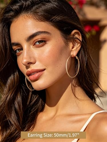 FindChic Thin Hoop Earrings for Women,Silver/Black/Gold Plated 20-100mm - color: Gold, size: 50mm