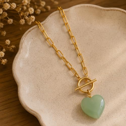 Teardrop CZ Pendant Paperclip Chain Necklace 18K Plated Paperclip Toggle Necklace Jewelry Birthstone Gift for Women - color: Heart Green Aventurine