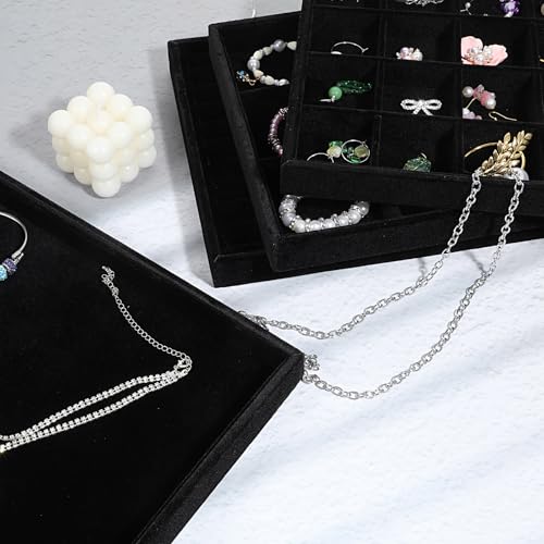4 Pack Jewelry Tray, Stackable Velvet Jewelry Organizer Tray Jewelry-Tray Stackable Jewelry-Trays 3.8"x9.5"x1.2" Divided Ring Organizer-Tray for Necklace Earring Ring Watch Bracelet,Black