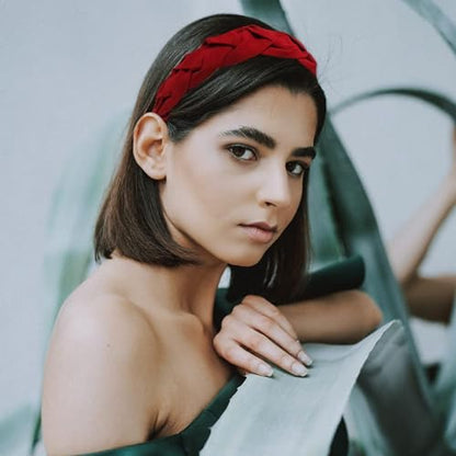 Braided Velvet Headband for Women Wide Hair Band | Wide Fabric Red Braided Cute Handmade Makeup Hair Band Thin and Thick Hair Skincare Boho Spring Headband for Washing Face - color: Fabric Red Headbands