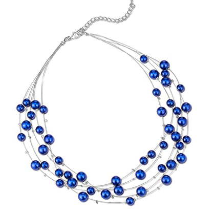 FULU AUTUMN Layered Pearl Necklace Multi-strand Pearl Choker Necklaces for Women Beaded jewelry for Wedding Parties - color: Blue